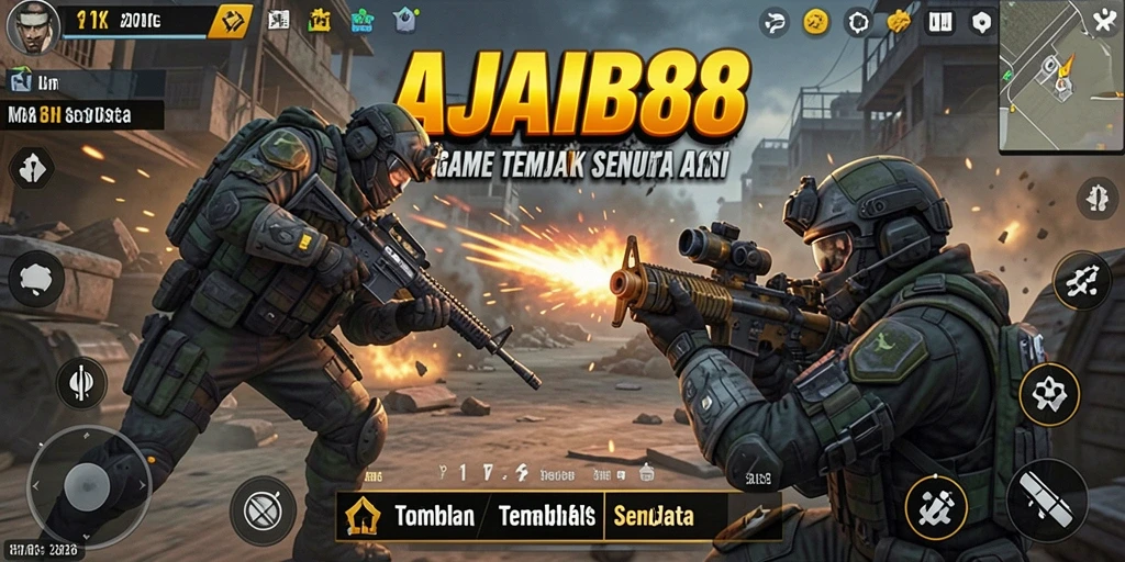 Antarmuka pengguna AJAIB88 dengan tampilan senjata dan grafis yang memikat.
