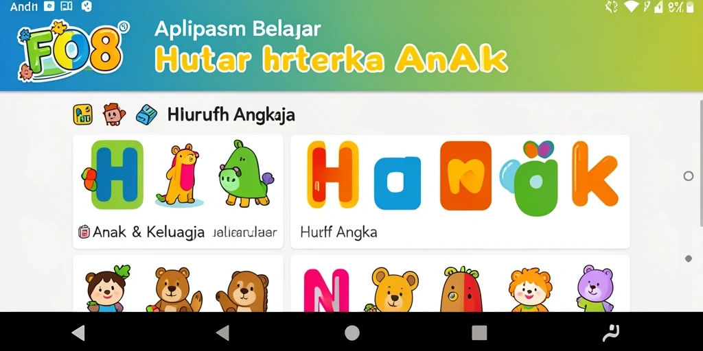 Tampilan interaktif aplikasi FO8 yang memudahkan belajar huruf dan angka.