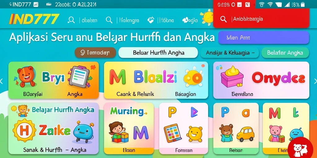 Tampilan antarmuka aplikasi IND777 yang interaktif untuk belajar huruf dan angka.